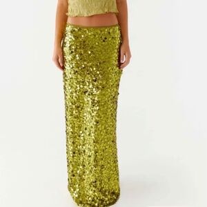 Peppermayo Exclusive - Perfect Places Low Rise Sequin Maxi Skirt Olive Sz US 8
